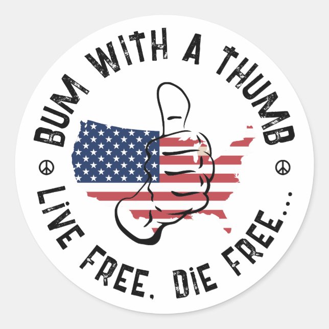 Adesivo Redondo USA American Bum Com O polegar Live Free Morte Fre (Frente)