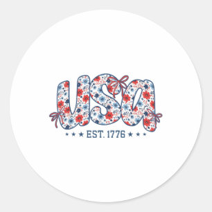 Adesivo Redondo Usa Est 1776 Floral Préppy 4 de Julho Coquette Laç
