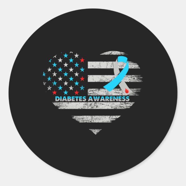 Adesivo Redondo Usa Flag Diabetes Awareness Heart Family Support  (Frente)
