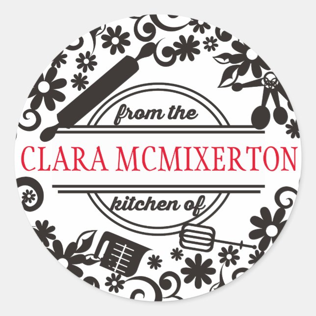 Adesivo Redondo utensílios de cozinhar para assar flores da cozinh (Frente)