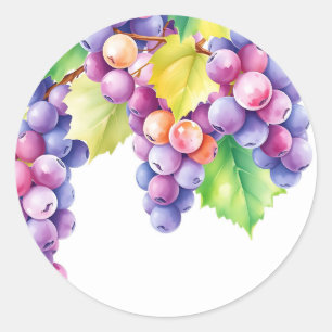 Adesivo Redondo Uvas de Aquarela em Fundo Branco Limpo