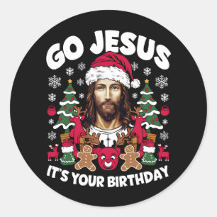 Adesivo Redondo Vá Jesus É Seu Aniversário Suéter Feio de Natal