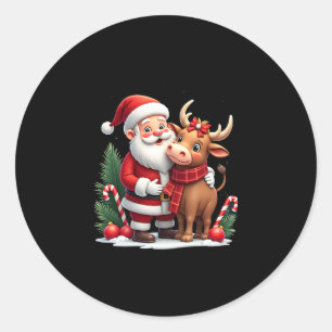 Adesivo Redondo Vaca Alta de Natal com Papai Noel Vintage Escocesa