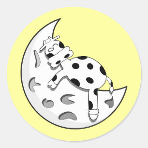 Adesivo Redondo Vaca bonito dos desenhos animados que dorme na lua