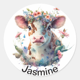 Adesivo Redondo Vaca branca com o seu nome, cor d'água floral