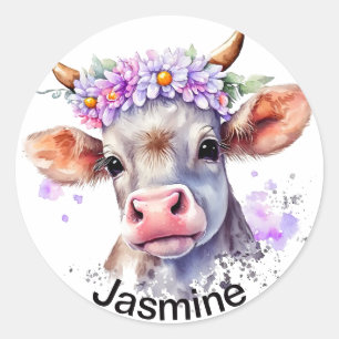 Adesivo Redondo Vaca branca com o seu nome, cor d'água floral