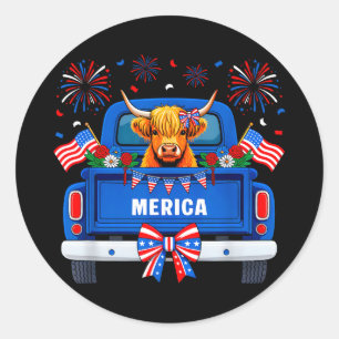 Adesivo Redondo Vaca das Terras Altas 4 de julho bandeira american