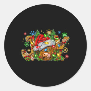 Adesivo Redondo Vaca das Terras Altas Fofas de Natal Com Santa Hat