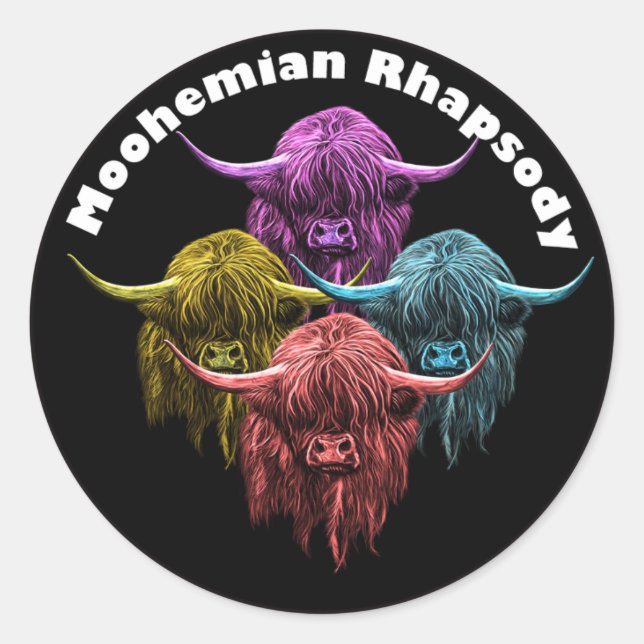 Adesivo Redondo Vaca de Highland escocesa. Moohemian Rhapsody (Frente)