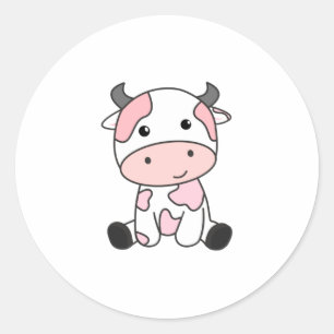 Adesivo Redondo Vaca De Morango De Castanho Rosa De Vaca Kawaii