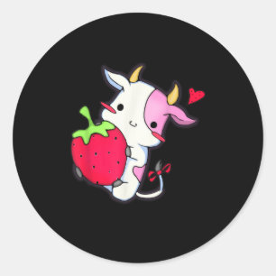 Adesivo Redondo Vaca de Morango Fresca - Vaca Rosa Adorável Kawai