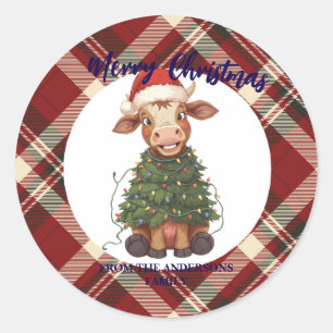 Adesivo Redondo Vaca de Natal alegre fofa árvore de Natal bezerro