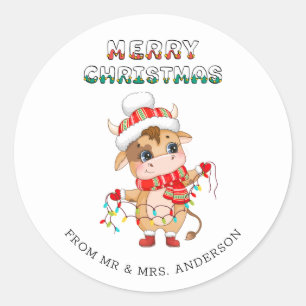 Adesivo Redondo Vaca de Natal bonita vestindo roupa de inverno
