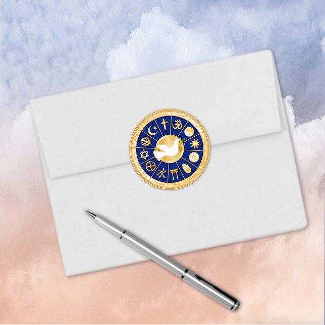 Adesivo Redondo Vaca do Pau Redondo da Paz (Dove of Peace Round Sticker.
Gold icons of world faiths surrounding the Dove of Peace.)