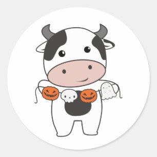 Adesivo Redondo Vaca Feliz Halloween Pumpkin Bat Costume Classume 