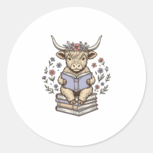 Adesivo Redondo Vaca Floral de Leitura Fofa Pilha de Livros Design