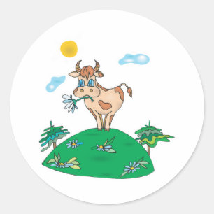 Adesivo Redondo vaca fofa no topo da colina
