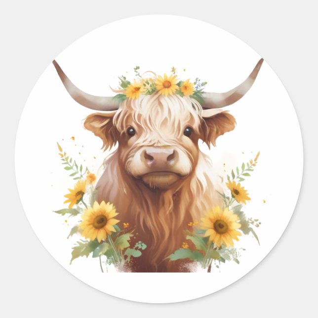 Adesivo Redondo Vaca Highland com Flor Amarelo de Girassol (Frente)