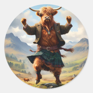 Adesivo Redondo Vaca Highland Dançando A Mosca Highland,