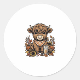 Adesivo Redondo Vaca Highland Outono Vintage Arte de Casa de Fazen