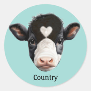 Adesivo Redondo Vaca preta e branca country em azul claro