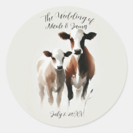 Adesivo Redondo Vacas em Aquarela Casamento Rústico Minimalista