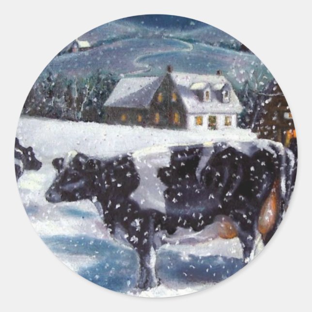 ADESIVO REDONDO VACAS: NATAL: NEVE: ARTE: HOLTEIN
