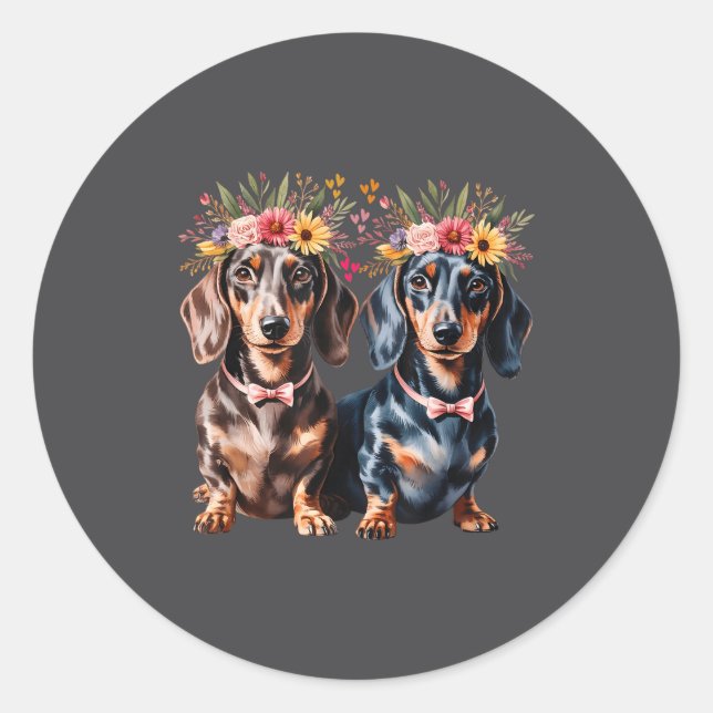 Adesivo Redondo Valentine Dachshund Matching Couple Love Floral Do (Frente)