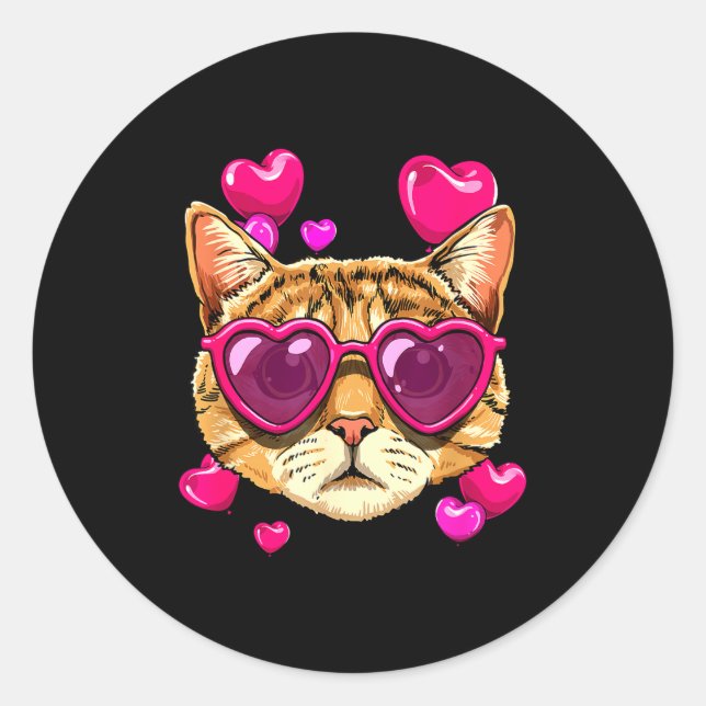 Adesivo Redondo Valentines Ca Kitten Wearing Sungl Heart Cat Lover (Frente)