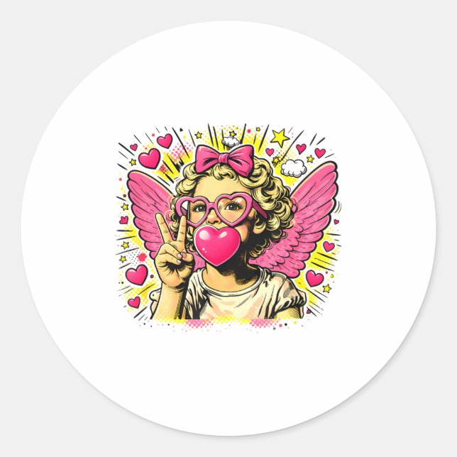 Adesivo Redondo Valentines Cute Cupid Heart Angel Love Holiday Com (Frente)
