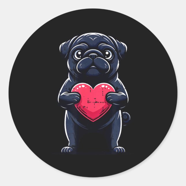 Adesivo Redondo Valentines Day Black Pug Heart Funny Dog Mom Dad F (Frente)
