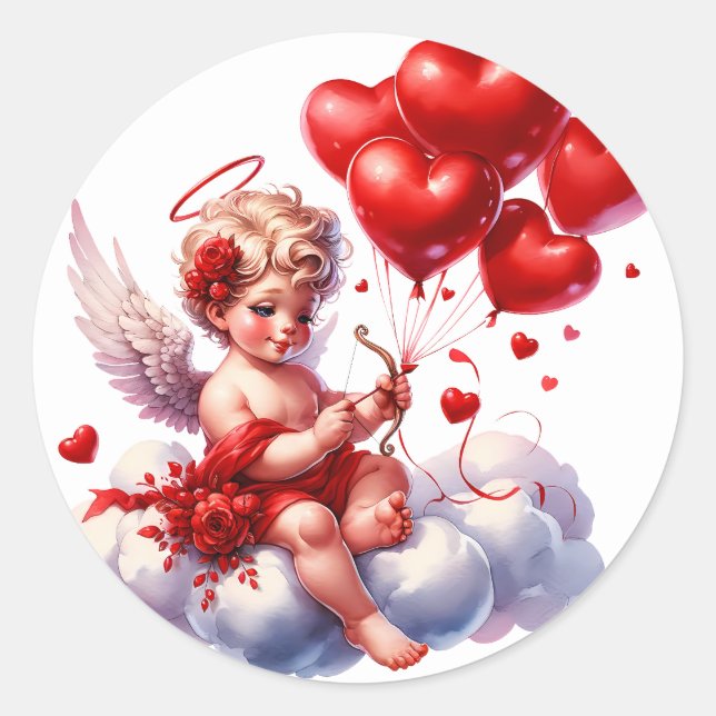 Adesivo Redondo Valentine's Day Cherub Heart Red White (Frente)