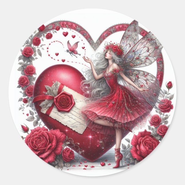 Adesivo Redondo Valentine's Day Fairy Heart Red White (Frente)