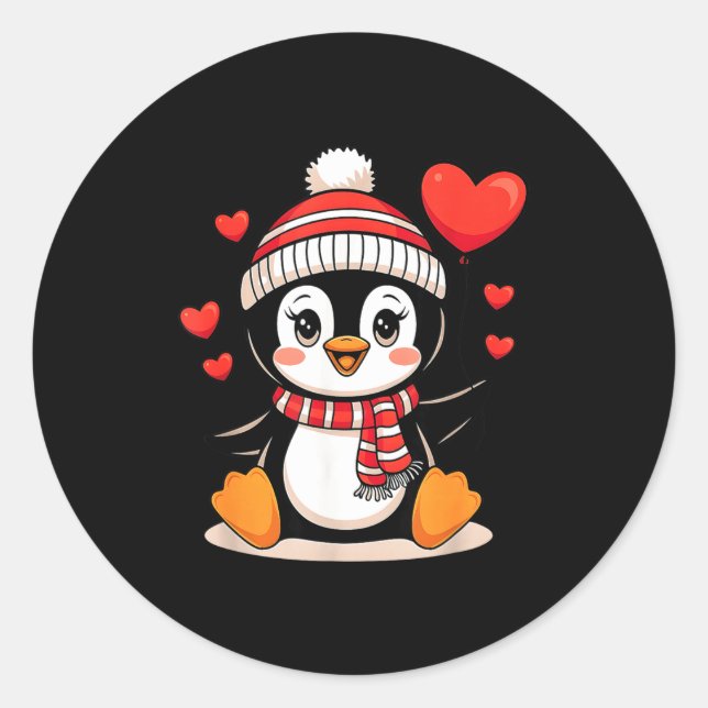 Adesivo Redondo Valentine's Day Penguin Heart Balloon Cute  (Frente)