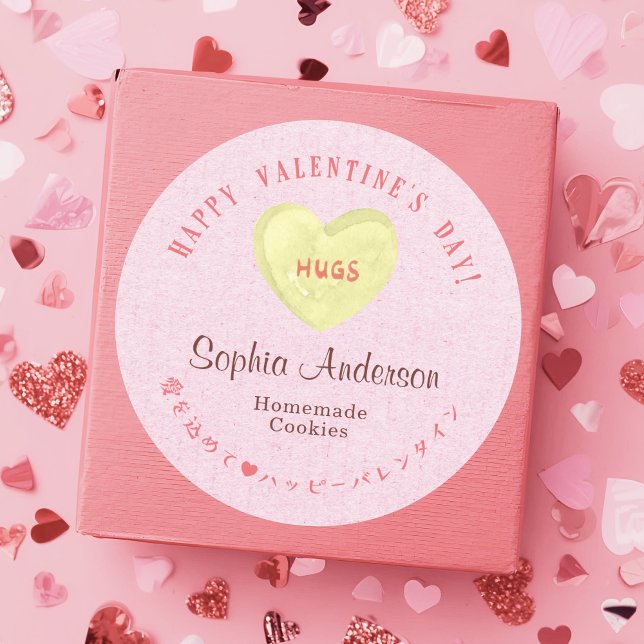 Adesivo Redondo Valentine's Day Pink Kraft Heart Candy Hugs (Criador carregado)