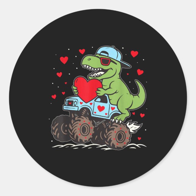 Adesivo Redondo Valentines Day T Rex Riding Monster Truck Funny To (Frente)