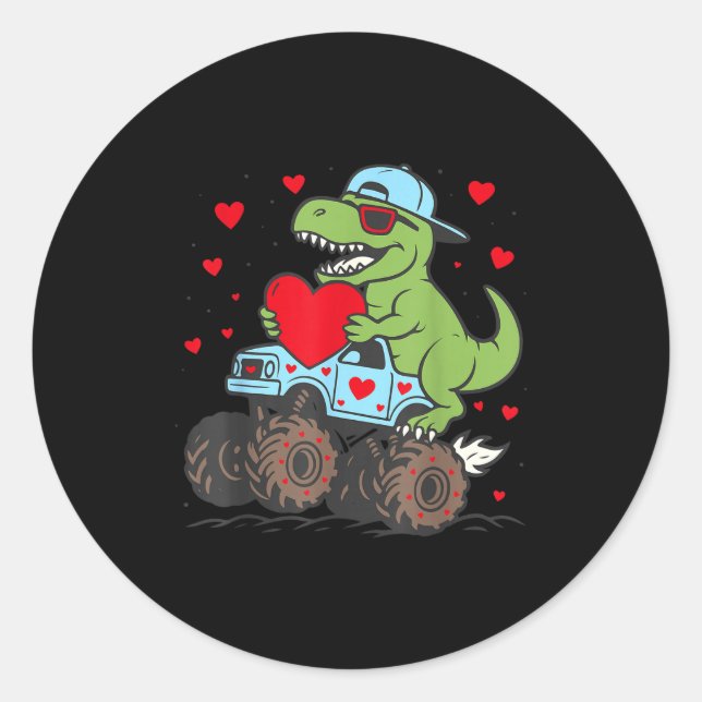 Adesivo Redondo Valentines Day T Rex Riding Monster Truck Funny To (Frente)