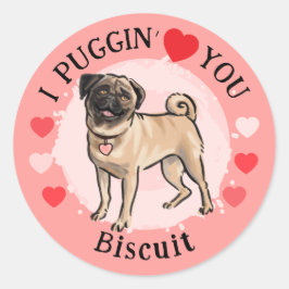 Adesivo Redondo Valentines Pug love pink hearts sticker set