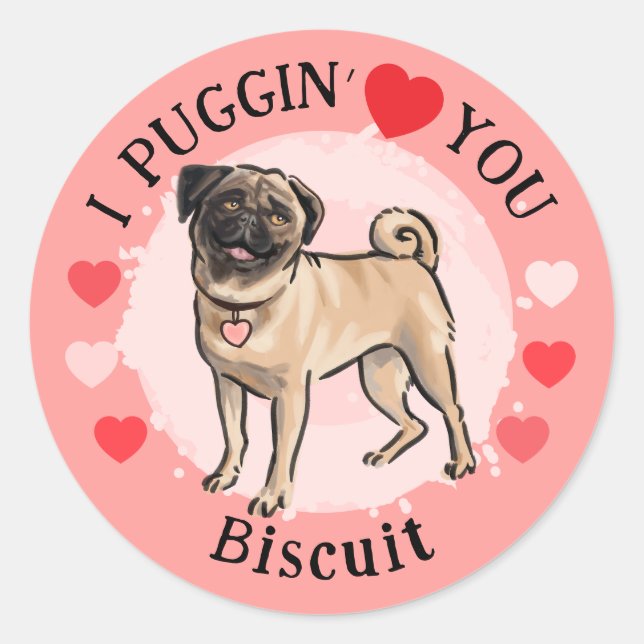 Adesivo Redondo Valentines Pug love pink hearts sticker set (Frente)