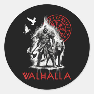 Adesivo Redondo Valhalla Odin Lobo E Corvo Runas Viking Nórdico