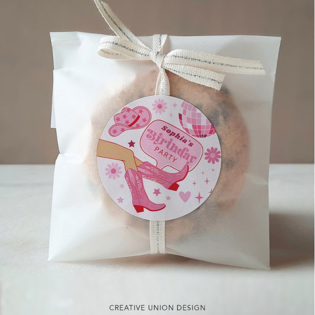 Adesivo Redondo Vamos de Festa de aniversário de vaqueira rosa Go  (Criador carregado)