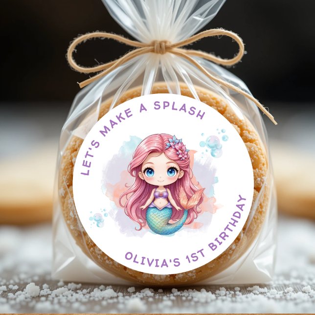 Adesivo Redondo Vamos faz uma Festa de aniversário de sereia de ga (Let's Make a Splash Girls Mermaid Birthday Party Classic Round Sticker
)