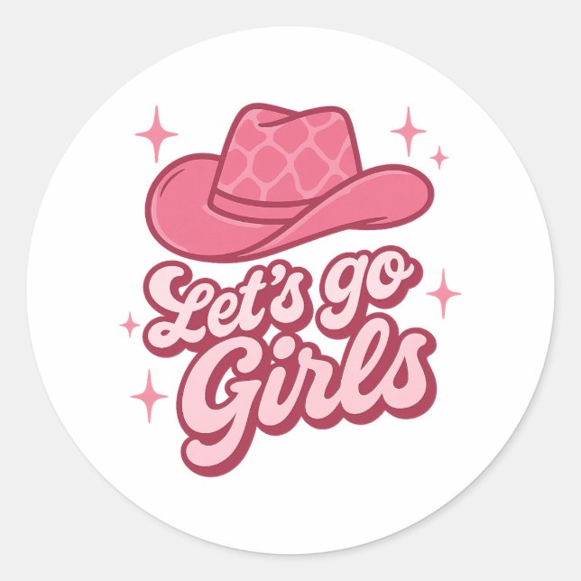 Adesivo Redondo Vamos Lá Garotas Chapéu de Cowgirl Rosa (Frente)
