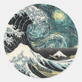 Adesivo Redondo Van Gogh A Noite Estrelada - Hokusai A Onda Do Exc