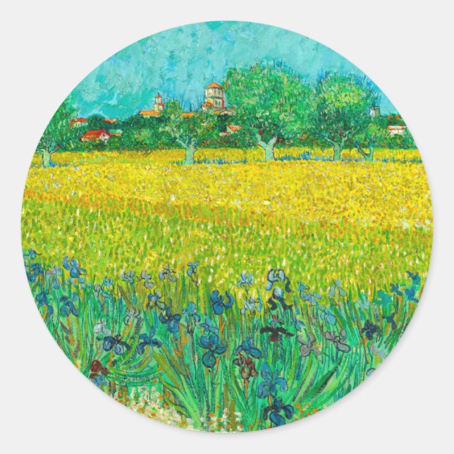 Adesivo Redondo Van Gogh Field com Irrises Perto de Arles (Frente)