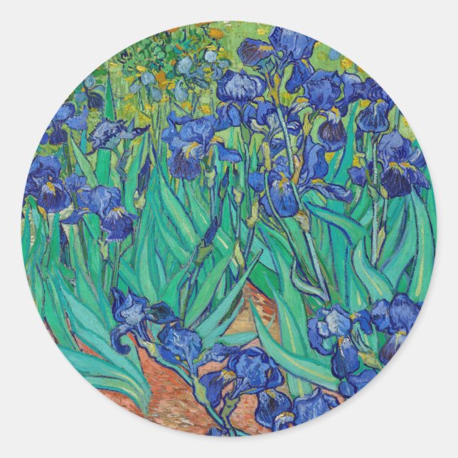 Adesivo Redondo Van Gogh Irises. impressionismo floral azul (Frente)