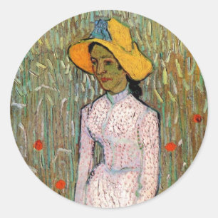 Adesivo Redondo Van Gogh, Menina de Pé; Fundo de Trigo