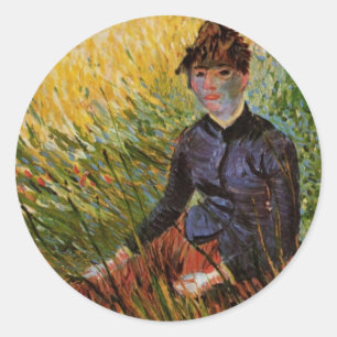 Adesivo Redondo Van Gogh; Mulher Sentada na Grama, Arte Fina Vinta