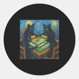 Adesivo Redondo Van gogh noite estrelada gato jogando mahjong chin