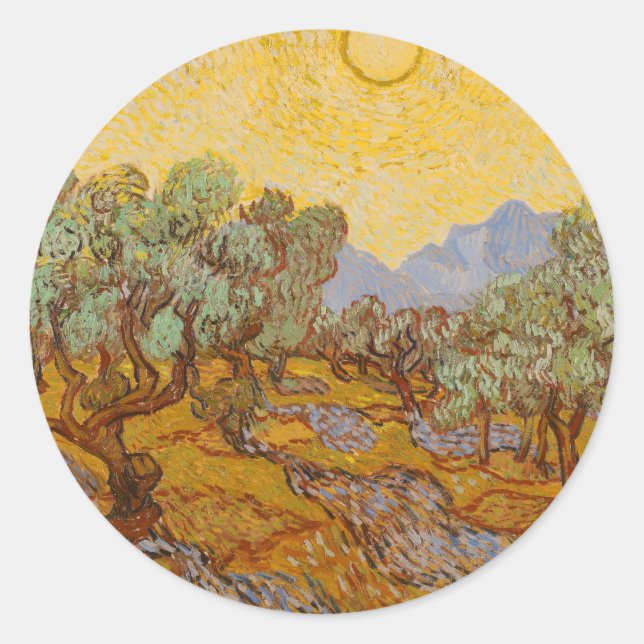 Adesivo Redondo Van Gogh Olive Trees Yellow Sun Sky (Frente)